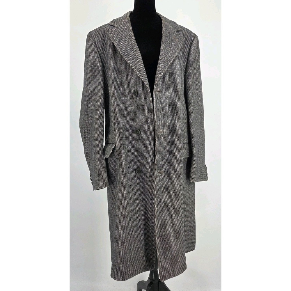 Vtg Burberry Mens Herringbone Tweed Over Coat Size 42L Wool
